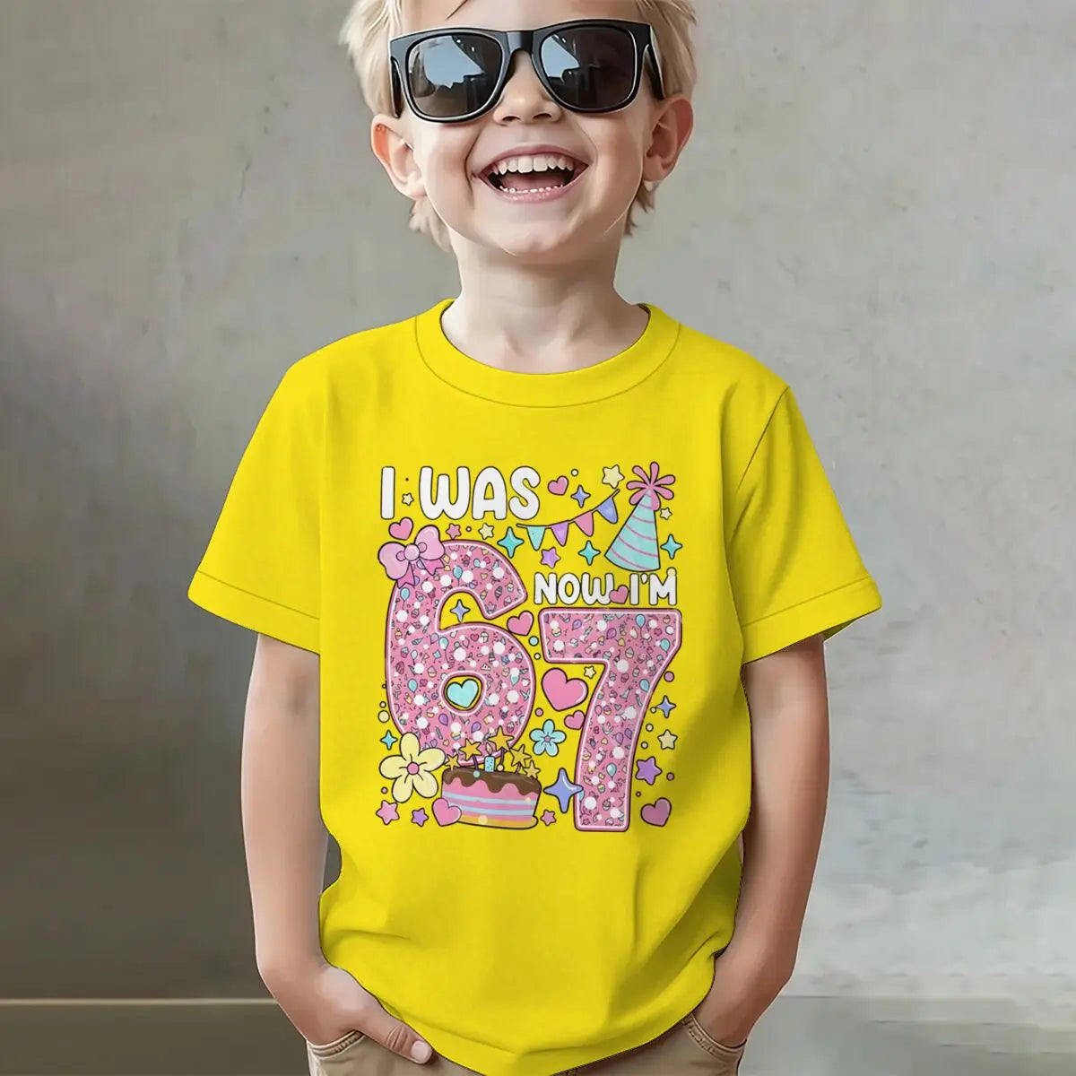 Camiseta para niñas con estampado de números, de algodón, de manga corta y cuello redondo, para el séptimo cumpleaños, con la frase 'I Was 6 Now I'm 7', para niñas de 7 años