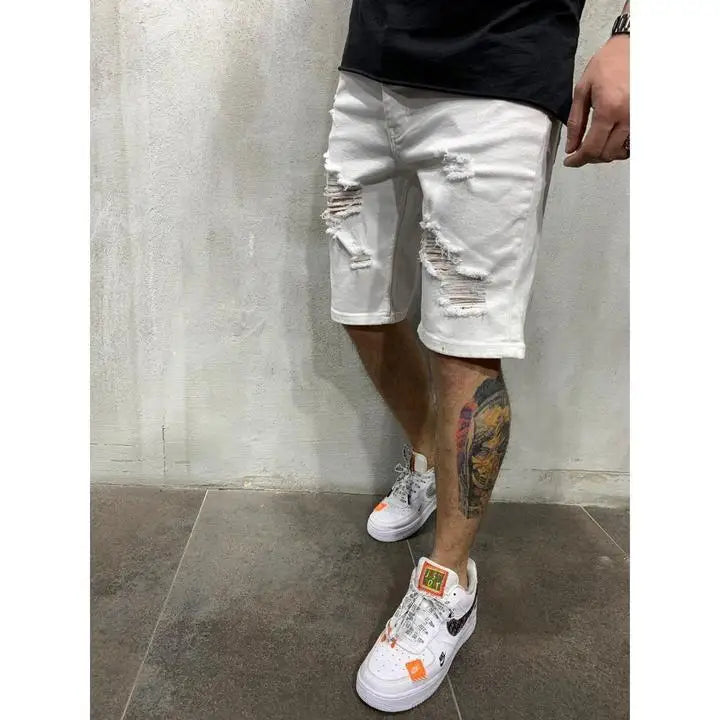 Pantalones cortos vaqueros con borlas rasgadas para hombre, pantalones vaqueros perforados lavables personalizados, pantalones medios informales grandes, novedad de verano 2024