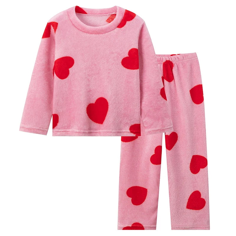Conjunto de 2 piezas de franela con estampado de moda para otoño/invierno para niños, camiseta con cuello redondo y calentamiento de corazón para niñas, pantalones de lana suave para niños