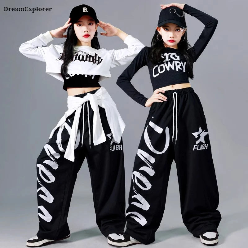 Top corto k-pop para niñas, pantalones deportivos con letras a la moda, conjuntos de ropa de grupo para niñas, ropa informal estilo Hip Hop, disfraces de Jazz para niños