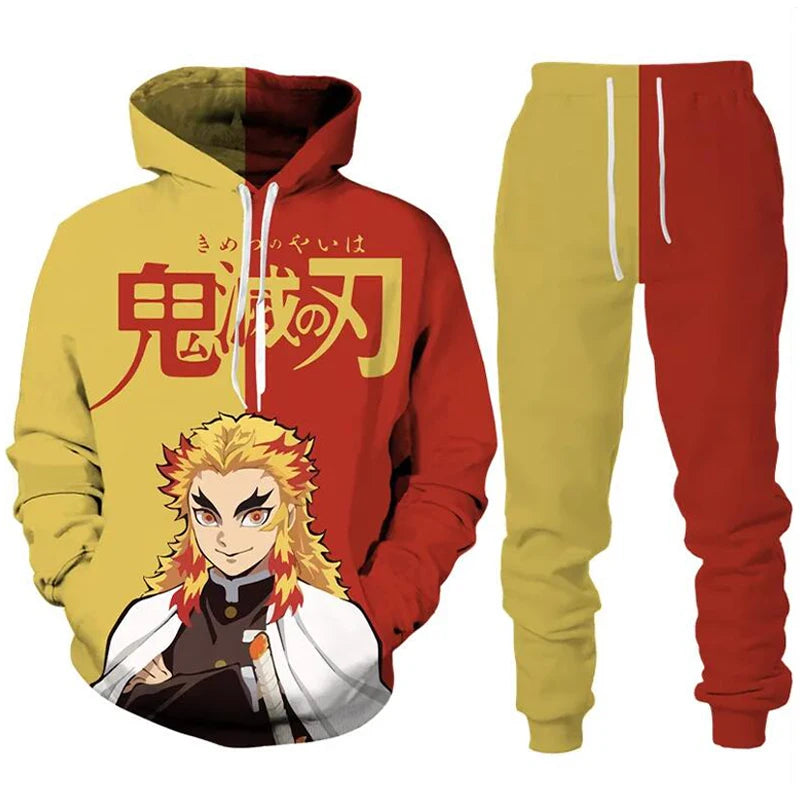 Sudaderas con capucha de Anime Demon Slayer, pantalones de Cosplay con estampado 3D + Sudadera con capucha, conjunto de 2 uds, chándal para hombre, ropa de calle Vintage de gran tamaño, conjuntos de pantalones con capucha