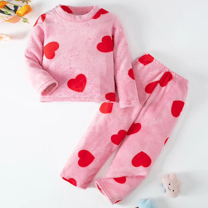 Conjunto de 2 piezas de franela con estampado de moda para otoño/invierno para niños, camiseta con cuello redondo y calentamiento de corazón para niñas, pantalones de lana suave para niños