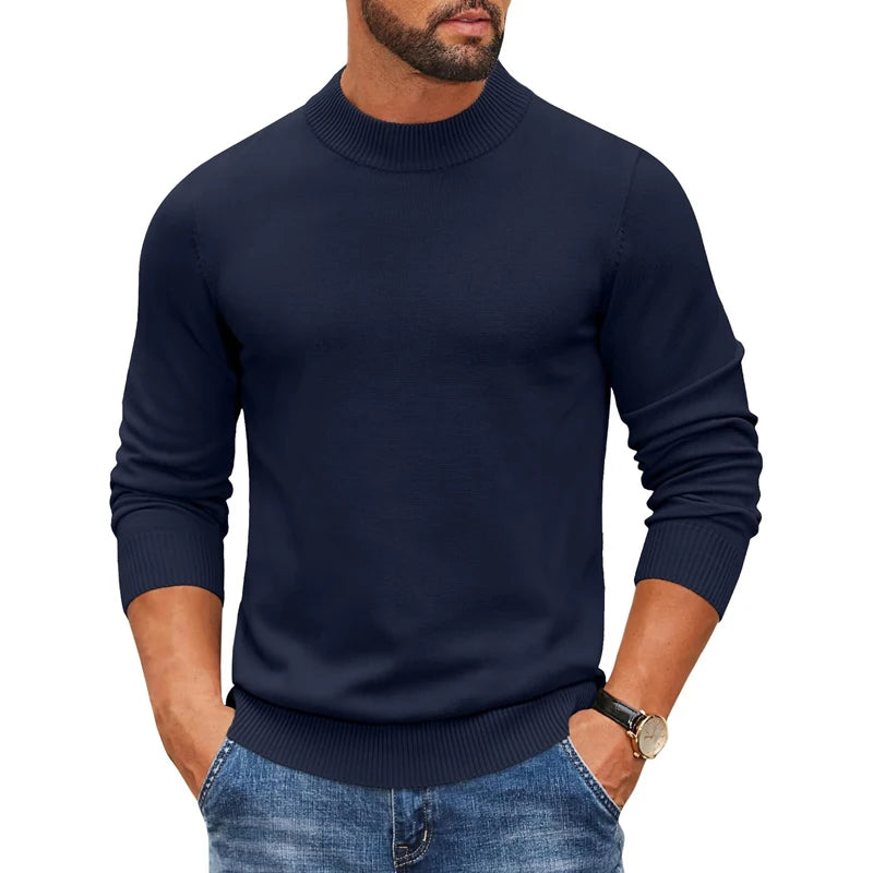 Jersey de punto acanalado con cuello alto simulado para hombre, suéter informal ajustado y pesado, jersey cálido, ropa de calle térmica
