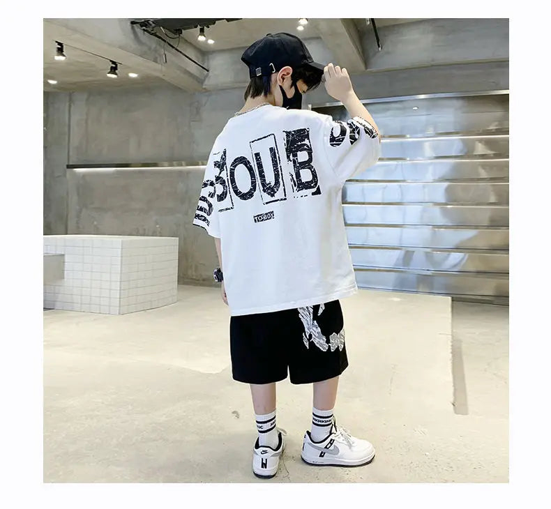 Conjunto de ropa deportiva informal para niños, camisetas de 2 piezas y pantalones, trajes de 3 a 14 años, estilo Hip Hop, moda de verano