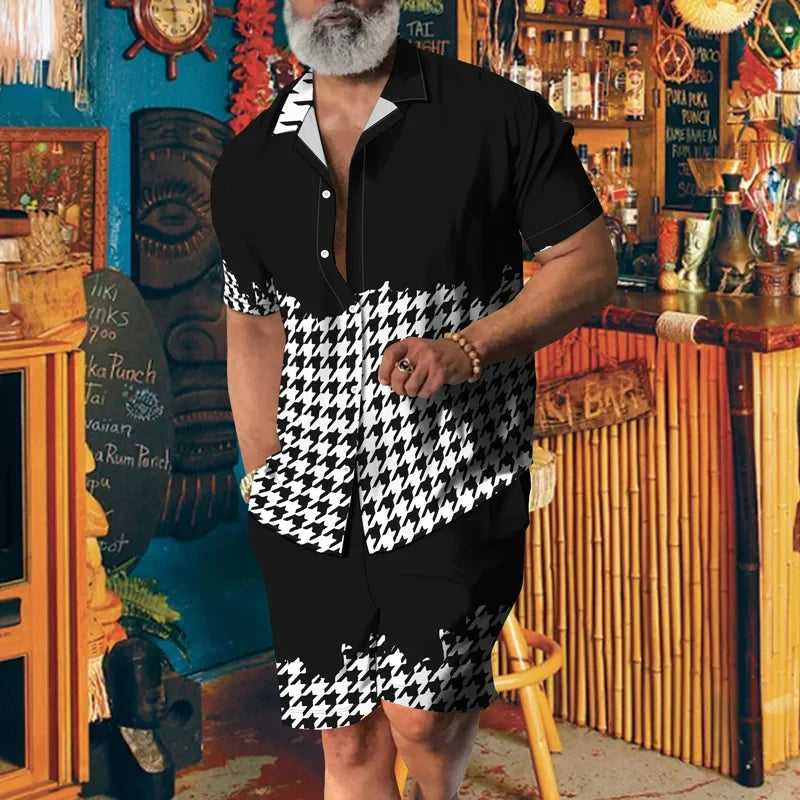 Camisa 2024 de manga corta de alto temperamento para hombre, camisa de dos piezas, nueva camisa de solapa transpirable, conjunto de pantalones cortos con cordón Casual