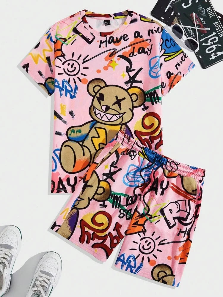 2025 nuevo conjunto de pantalones cortos de manga corta para hombre de verano, pantalones cortos de playa al aire libre para hombre, conjunto de 2 piezas, estampado 3D