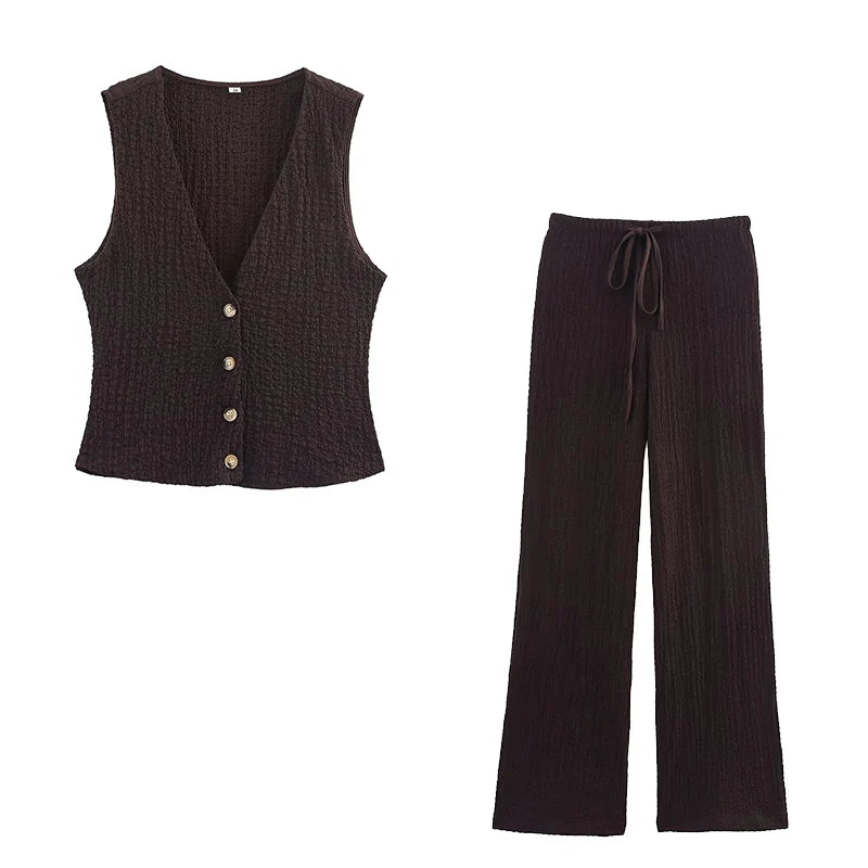 Willshela, conjunto de 2 piezas a la moda para mujer, camisetas sin mangas lisas con una botonadura y pantalones Vintage de cintura alta elástica, traje de pantalones elegantes para mujer
