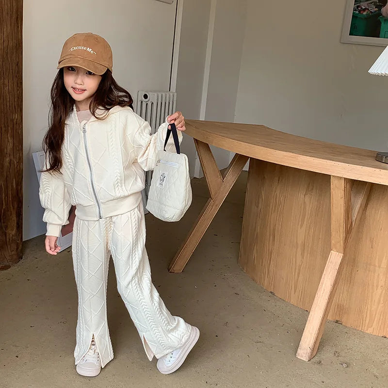Conjunto de dos piezas para niñas, ropa de otoño, Top corto de punto de manga larga, pantalones acampanados divididos, nuevo estilo coreano