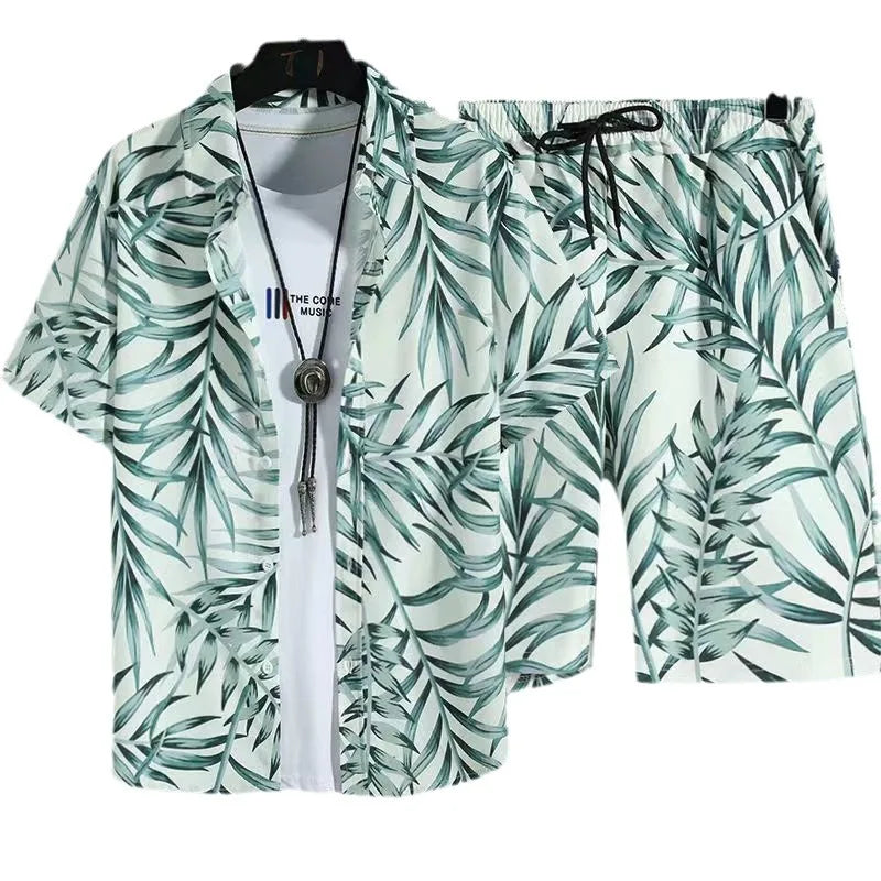 Cómoda camisa con estampado 3D de árbol de coco y hojas de hierba y flores + Pantalones cortos, conjunto de dos piezas, camisas con cuello abatible de manga corta, medio pantalón