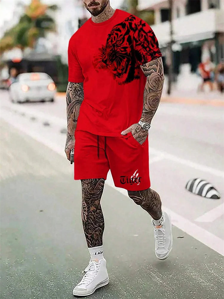 Nueva 2024 Camiseta de manga corta con cuello redondo, conjunto de pantalones cortos de moda con estampado de León en 3D, conjunto de 2 piezas de deportes de verano para hombres