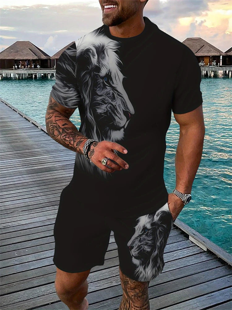 Conjunto de dos piezas de verano para hombre, camiseta de manga corta con cuello redondo y pantalones cortos con cordón, estampado 3D de León Animal, conjunto atlético transpirable para exteriores