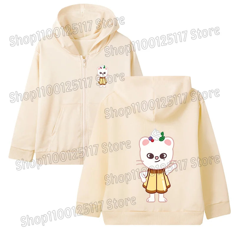 Skzoo-ropa fina de manga larga con cremallera para niñas, chaqueta con capucha de Anime, otoño y primavera, estampado de dibujos animados, ropa de calle con cremallera y bolsillo