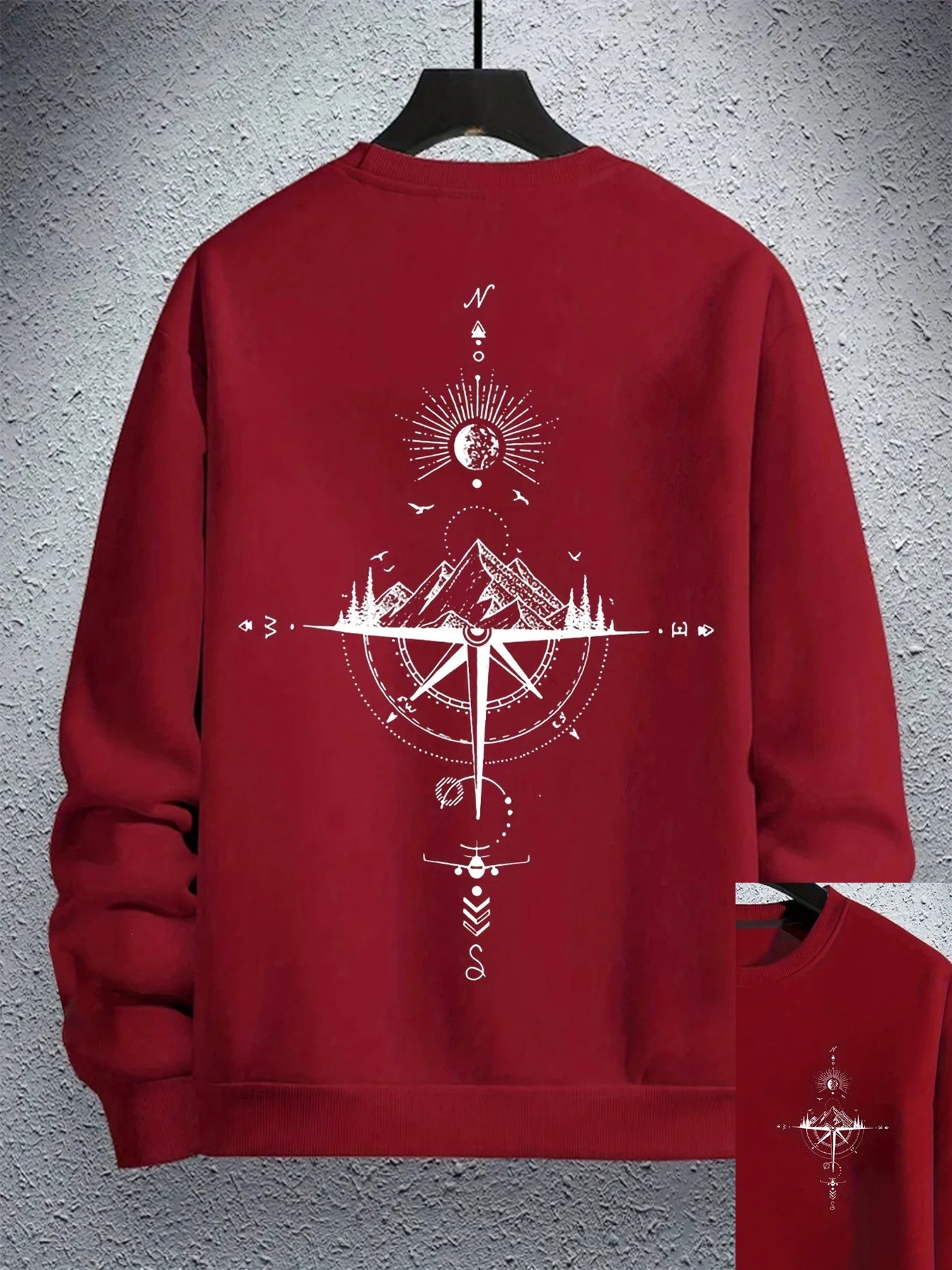 Sudadera holgada informal de otoño e invierno para hombre, sudadera clásica de manga larga con estampado geométrico de montaña y color beige a la moda