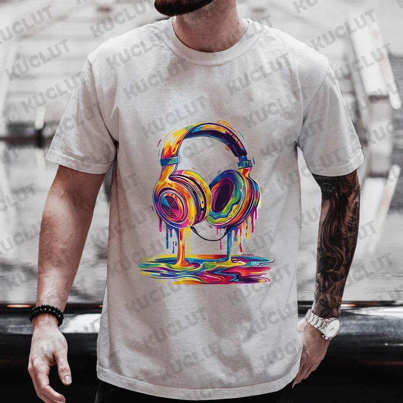 Camiseta de Verano para Hombre, Estilo Hip Hop, con Estampado Gráfico de Auriculares, Ropa Casual Urbana, Divertida, con Estampado Moderno