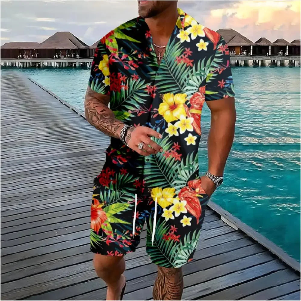 Conjuntos de camisas con estampado 3D de palmera de verano para hombre, camisa de manga corta, pantalones cortos de playa informales de gran tamaño, ropa de calle, trajes hawaianos