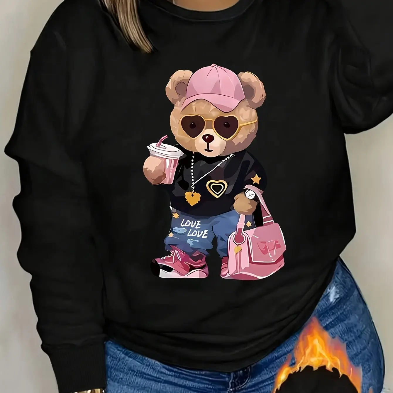 Sudadera con capucha de cuello redondo y manga larga de terciopelo para mujer, holgada, informal, cómoda, con estampado de osito de peluche, otoño e invierno