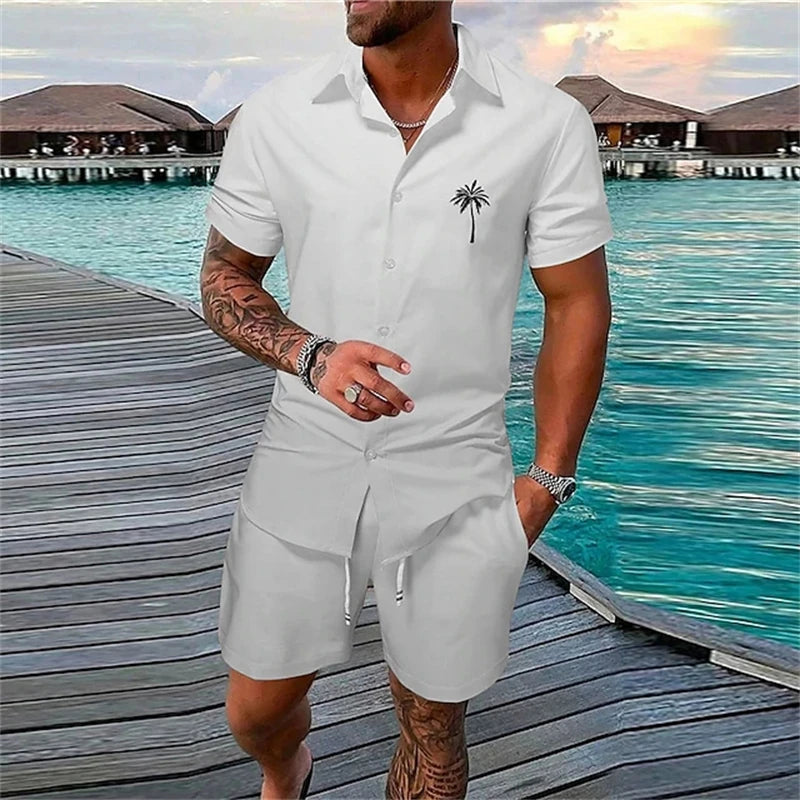Camisa de manga corta de estilo de vacaciones de playa, conjunto de 2 piezas con estampado de árbol de coco de verano, camisa de un solo botonadura y pantalones cortos con cordón