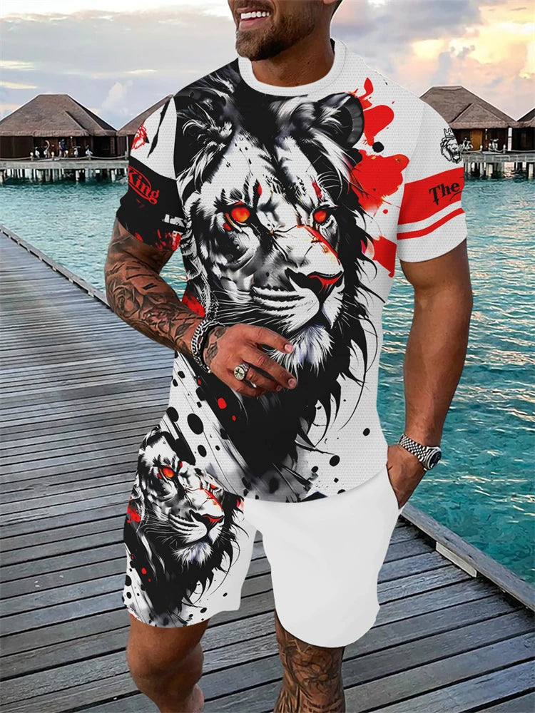 Traje deportivo informal para hombre con estampado divertido, camiseta de manga corta y pantalones cortos con cuello redondo, conjunto de dos piezas, conjunto de moda urbana para exteriores