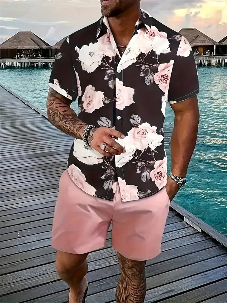 Conjunto Hawaiano Hombre – Camisa Estampada 3D y Pantalón Corto de Playa