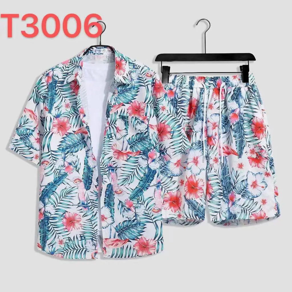 Cómoda camisa con estampado 3D de árbol de coco y hojas de hierba y flores + Pantalones cortos, conjunto de dos piezas, camisas con cuello abatible de manga corta, medio pantalón