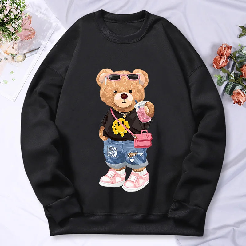 Sudadera con capucha con estampado de Bear Sister para mujer, ropa de lana cálida, informal, Hip Hop, jerséis sueltos, Top de otoño
