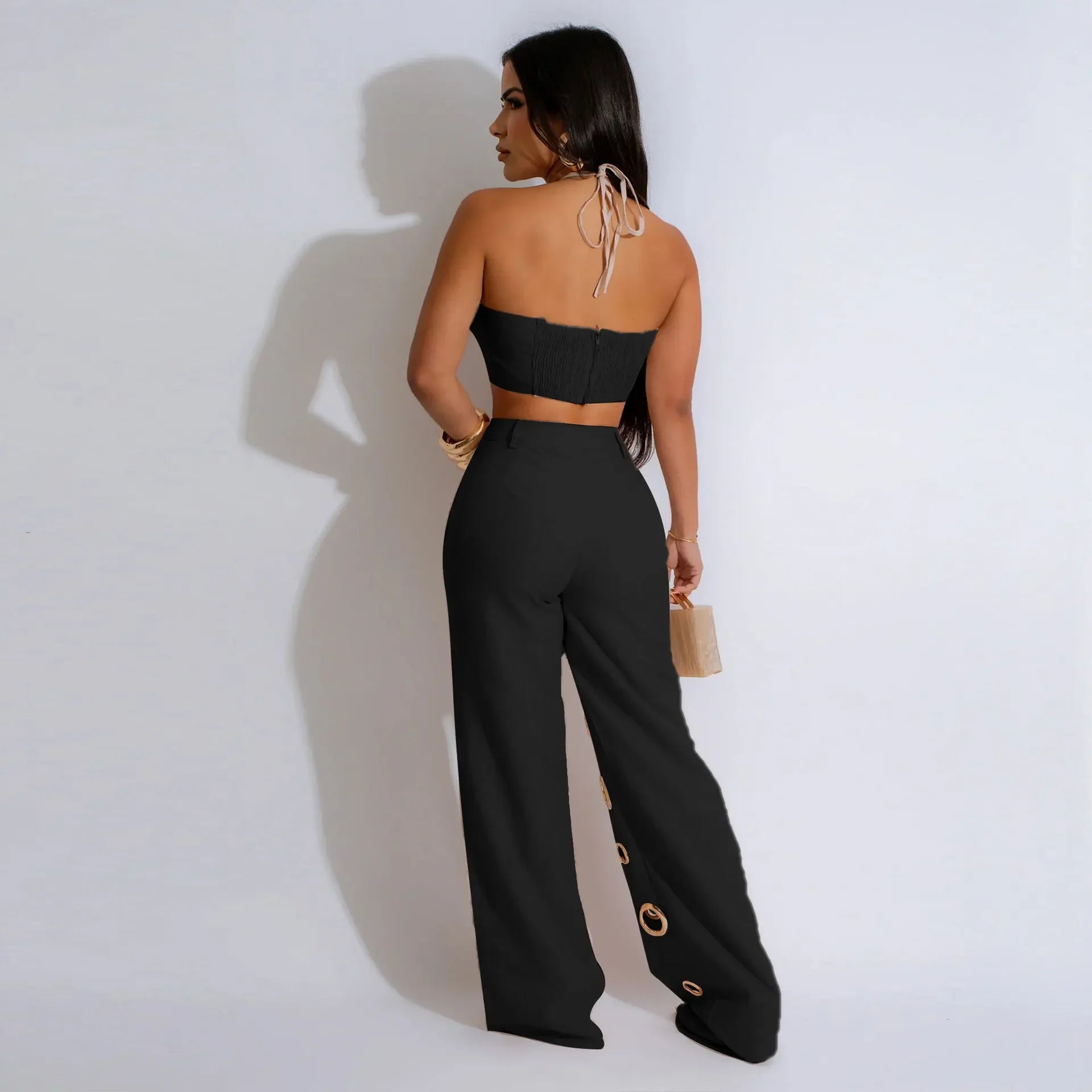 CM.YAYA-Conjunto de dos piezas para mujer, Top sin mangas y pantalones de pierna ancha, traje calado con agujeros, chándal de calle Sexy de verano