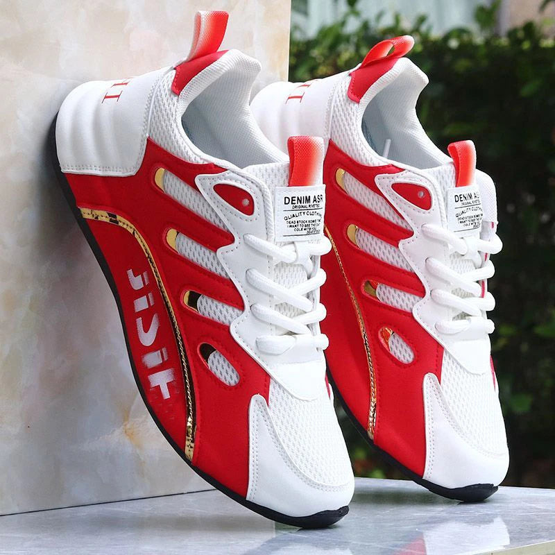 Zapatillas de deporte de malla transpirable rojas y blancas para hombre, zapatos para correr informales a la moda, zapatillas deportivas ligeras antideslizantes para uso diario