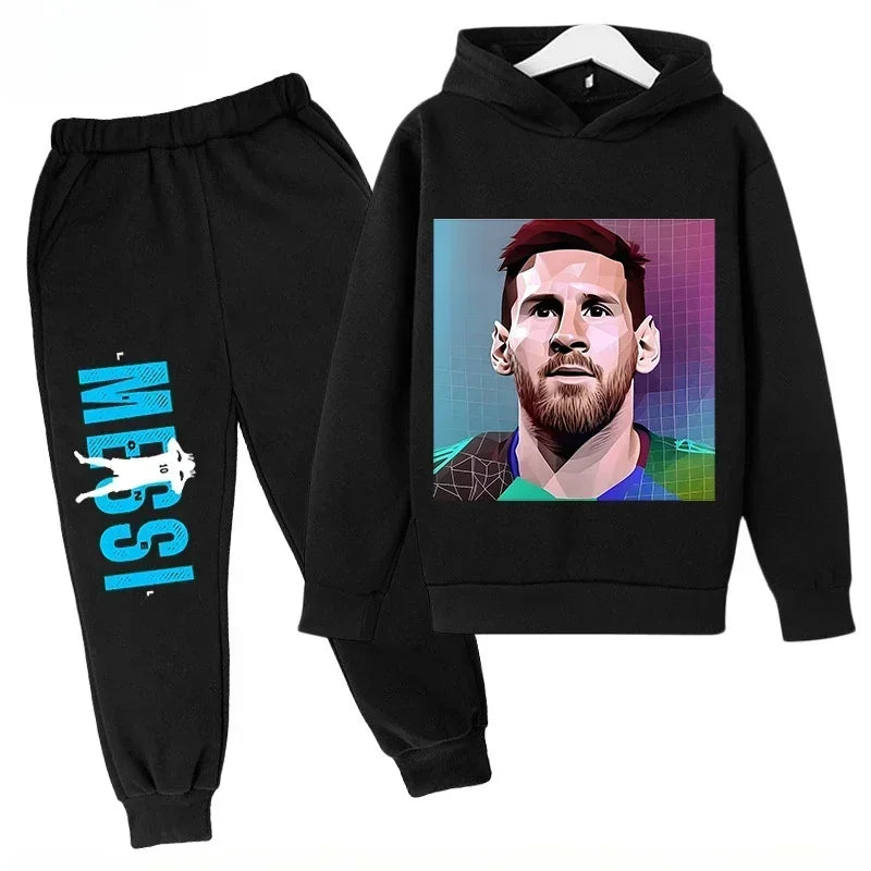 Conjunto deportivo para niños de primavera y otoño, traje con capucha y pantalones con estampado de Messi, conjunto de 2 uds., ropa para niños y niñas, chándal informal de moda