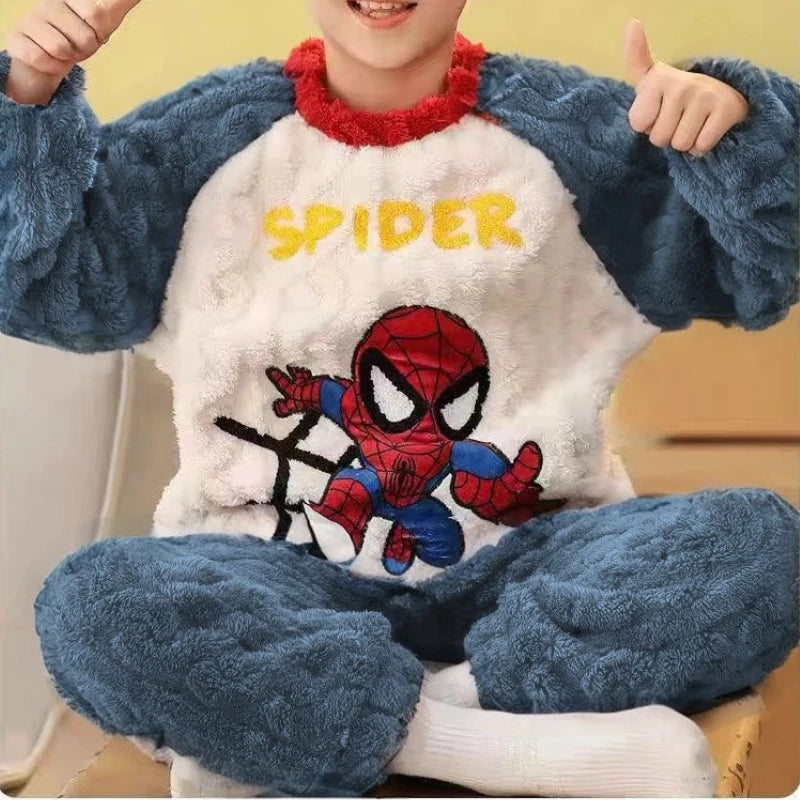 Otoño/Invierno Disney ropa para niños conjunto de ropa de dormir para niños conjunto de pantalones gruesos y cálidos de franela pijamas de dos piezas ropa para niños Spiderman