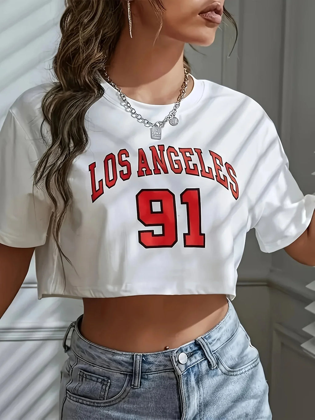 Camiseta Los Ángeles número 91 Brooklyn gráfico cuello redondo deportes Crop camiseta Casual Crop Top mujeres recortadas