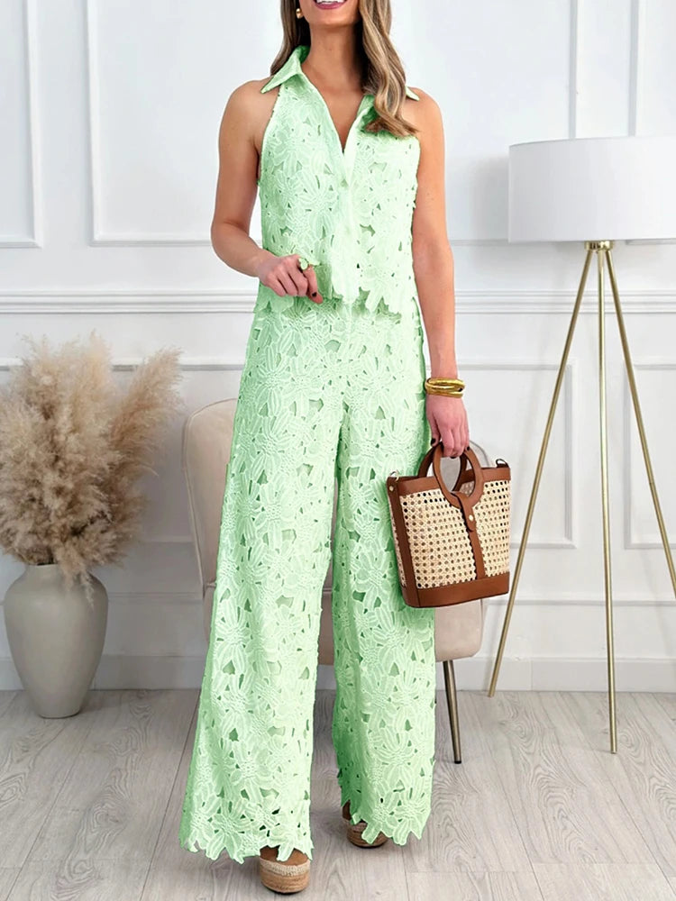 Conjunto de verano para mujer, camisa calada, pantalones, conjunto de tela de encaje, chaleco informal sin mangas, conjunto de pantalones de dos piezas, venta al por mayor, triangulación de envíos
