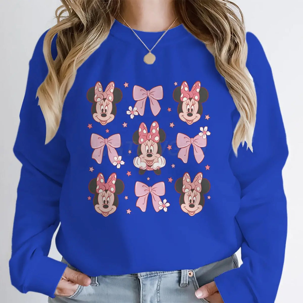 Sudaderas con capucha y lazo de Minnie rosa para mujer, ropa de dibujos animados Kawaii, jerséis de manga larga con cuello redondo de Minnie Mouse