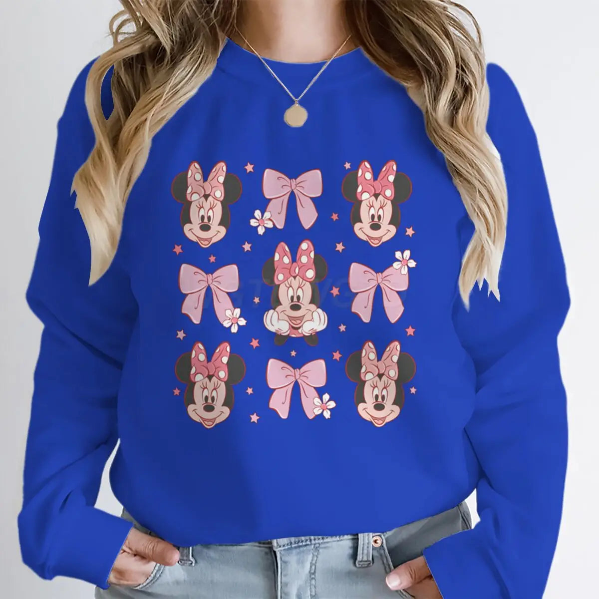 Sudaderas con capucha y lazo de Minnie rosa para mujer, ropa de dibujos animados Kawaii, jerséis de manga larga con cuello redondo de Minnie Mouse