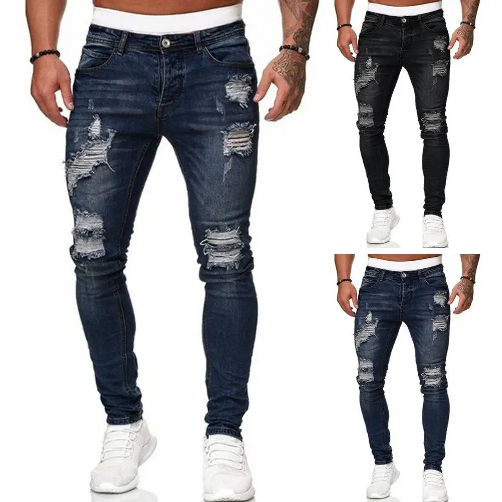 Vaqueros ajustados para hombres  Pantalones vaqueros elásticos pintados ajustados rasgados desgastados plisados hasta la rodilla pantalones casuales de marca para hombre