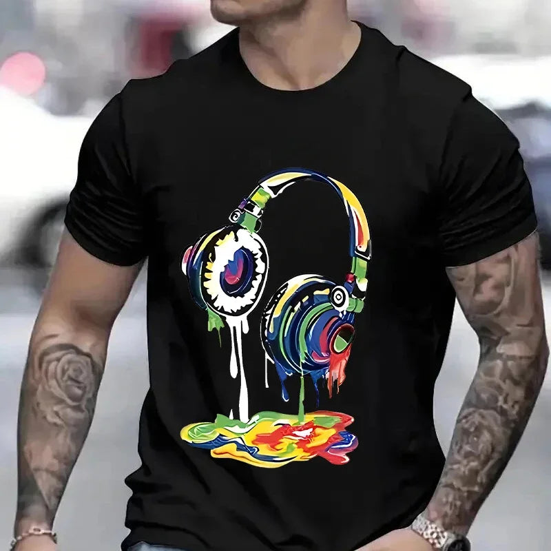 Camiseta de Verano para Hombre, Estilo Hip Hop, con Estampado Gráfico de Auriculares, Ropa Casual Urbana, Divertida, con Estampado Moderno