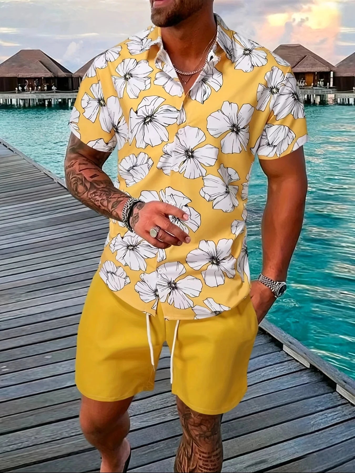 Conjunto Hawaiano 3D Hombre | Camisa Solapa + Pantalón Corto Playa