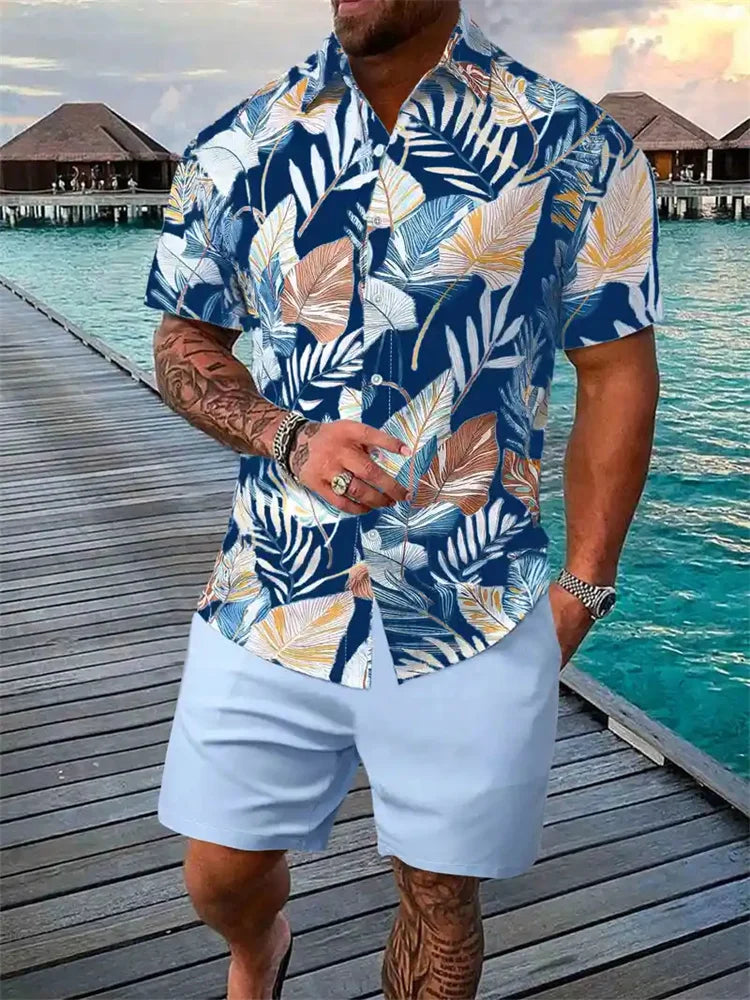 Conjunto Hombre Verano Playa Hawaiano Oversize – Camisa Manga Corta + Shorts Estampado 3D (2 Piezas)