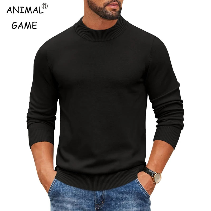 Jersey de punto acanalado con cuello alto simulado para hombre, suéter informal ajustado y pesado, jersey cálido, ropa de calle térmica