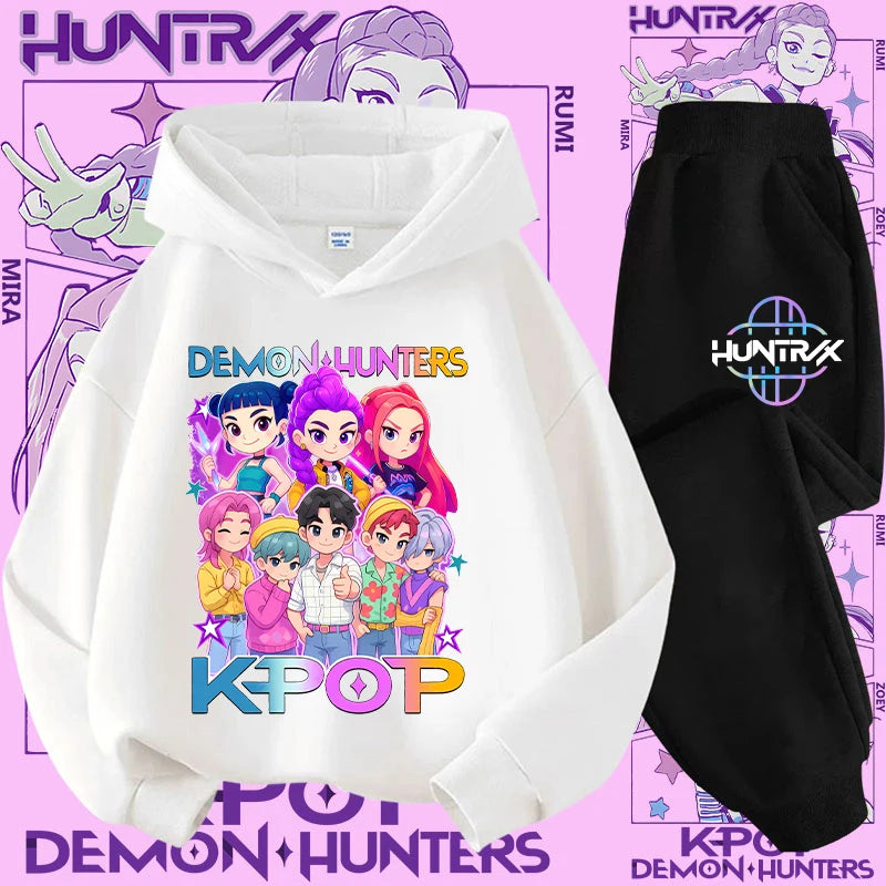 Ropa deportiva para niñas de 2 a 12 años, conjunto de 2 piezas, Top informal bonito, K-pop Demon Hunter, conjunto de camisa con capucha estampada, traje de pantalón, chándal