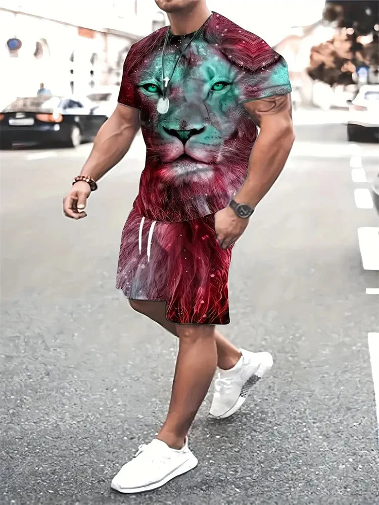 Conjunto Streetwear 3D León Hombre | Camiseta + Pantalón Corto Bicolor