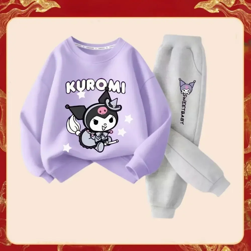 Conjunto de ropa para bebé de primavera y otoño para niña, sudaderas con estampado Kuromi, jersey, Tops y pantalones, conjunto de sudadera y pantalones de chándal de 2 fotos