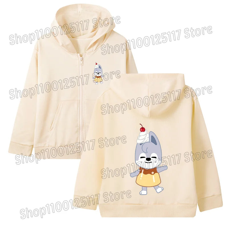 Skzoo-ropa fina de manga larga con cremallera para niñas, chaqueta con capucha de Anime, otoño y primavera, estampado de dibujos animados, ropa de calle con cremallera y bolsillo