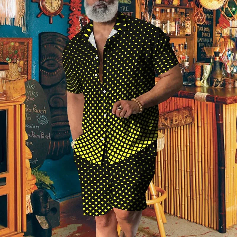 Camisa 2024 de manga corta de alto temperamento para hombre, camisa de dos piezas, nueva camisa de solapa transpirable, conjunto de pantalones cortos con cordón Casual