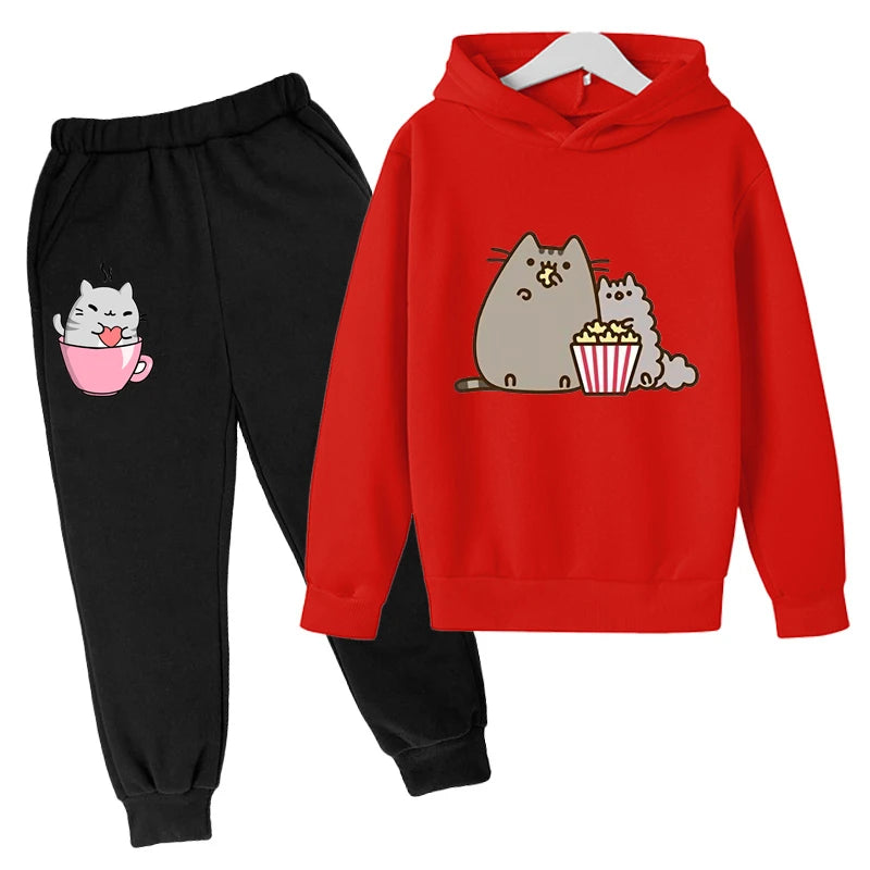 Sudadera con capucha con estampado de gato de Nutella para niños, ropa divertida para niñas y niños, conjuntos de ropa Harajuku Kawaii para niños, Invierno