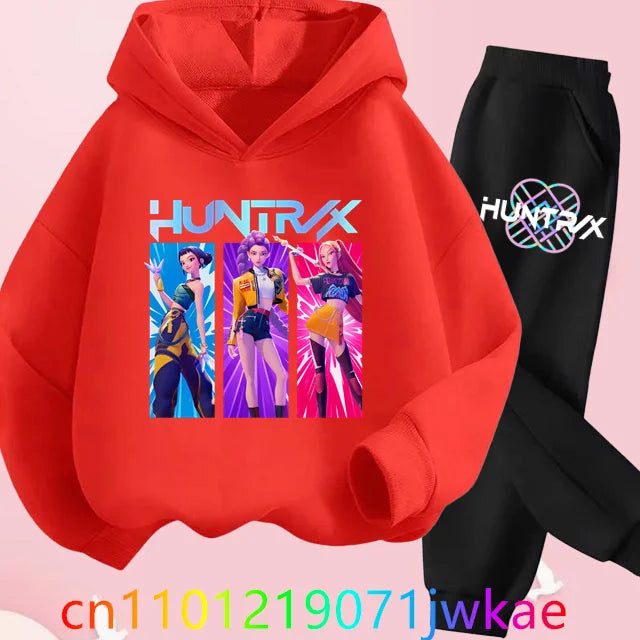 Conjuntos de sudaderas con capucha y pantalones de cazadores de demonios para adolescentes, Sudadera con capucha de película de Anime coreano para niños y niñas, trajes deportivos con capucha de manga larga a la moda