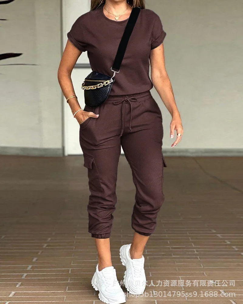 Conjunto de Ropa para Mujer, Color Sólido, Cuello Redondo, Camiseta de Manga Corta, Pantalones Cargo con Múltiples Bolsillos