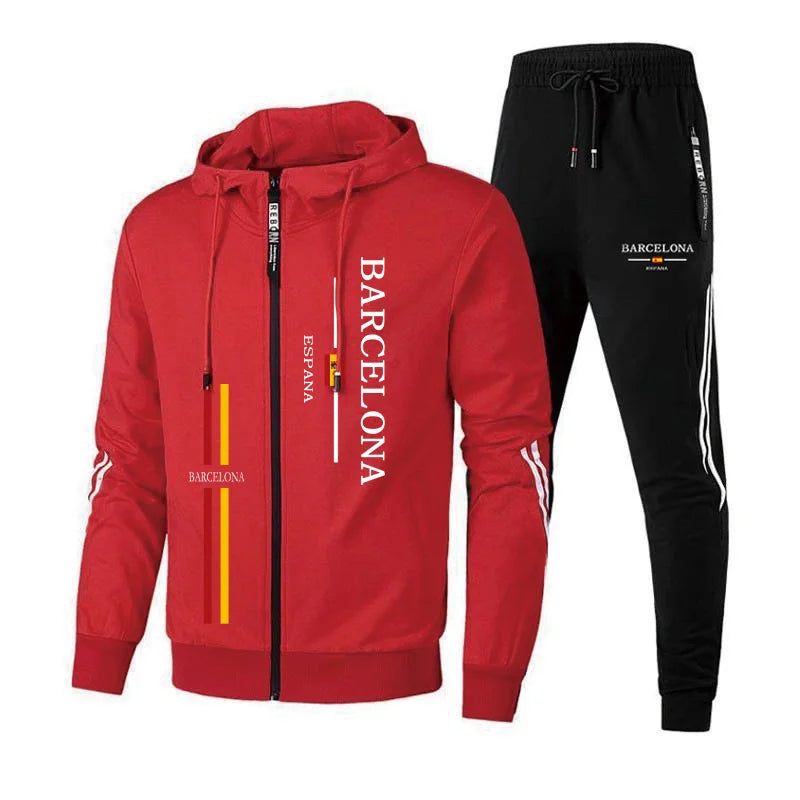 Otoño Invierno trajes deportivos masculinos Barcelona estampado chándal para hombres cremallera Sudadera con capucha y pantalones jogger urbano Casual moda ropa deportiva
