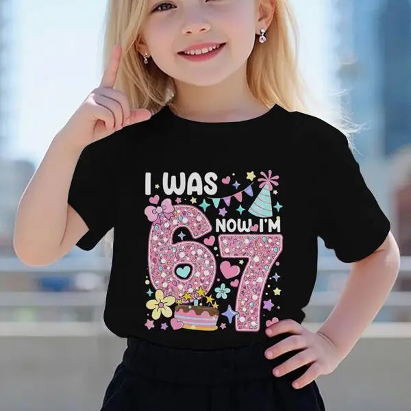 Camiseta para niñas con estampado de números, de algodón, de manga corta y cuello redondo, para el séptimo cumpleaños, con la frase 'I Was 6 Now I'm 7', para niñas de 7 años