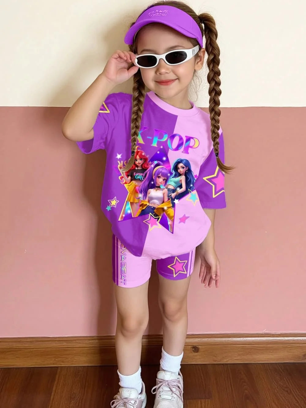 Conjunto de Camiseta y Pantalones con Estampado de Dibujos Animados Kpop, Ropa de Verano para Niñas, Conjunto de Manga Corta, Conjunto de Camiseta y Pantalones Cortos para Niños