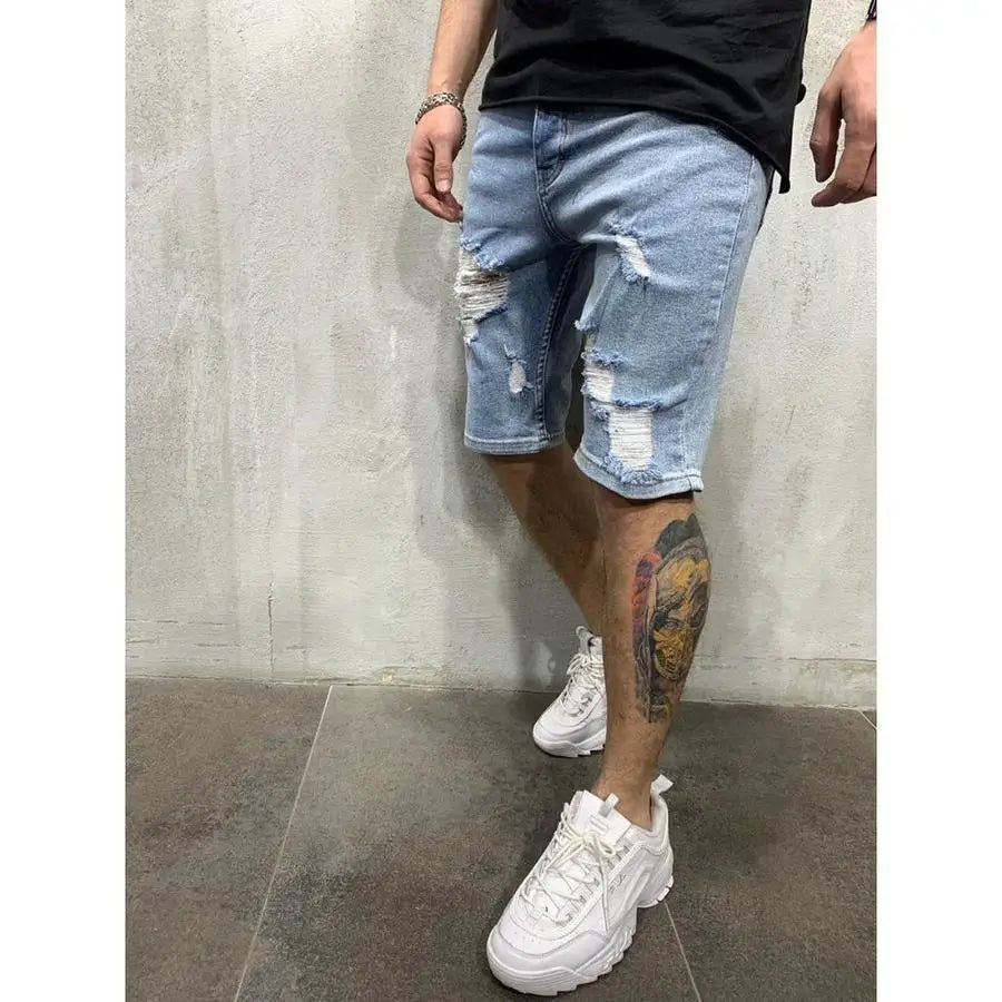 Pantalones cortos vaqueros con borlas rasgadas para hombre, pantalones vaqueros perforados lavables personalizados, pantalones medios informales grandes, novedad de verano 2024